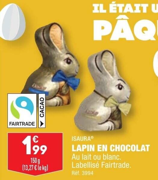 LAPIN EN CHOCOLAT Au lait ou blanc. Labellisé Fairtrade.