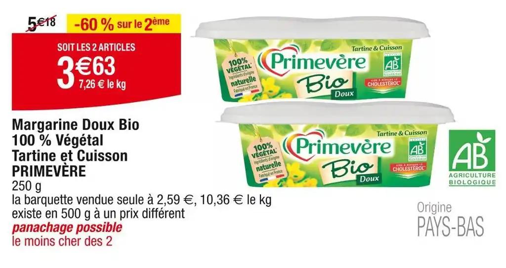 PRIMEVÈRE Margarine Doux Bio 100 % Végétal Tartine et Cuisson