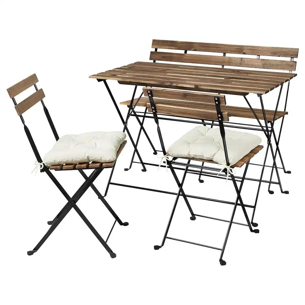 TÄrnÖ Table+2 chaises+banc, ext, teinté noir/brun clair/kuddarna beige