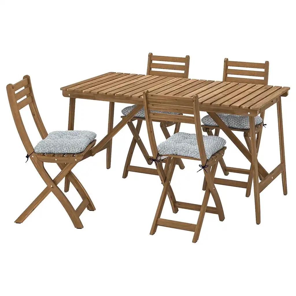 Askholmen Table+4 chaises pliantes, extérieur, brun foncé/klösan bleu, 143x75 cm