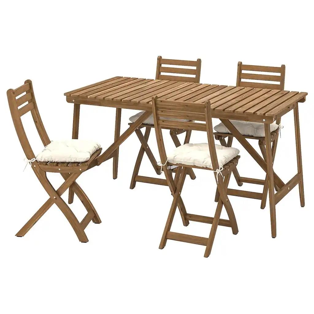 Askholmen Table+4 chaises pliantes, extérieur, brun foncé/kuddarna beige, 143x75 cm
