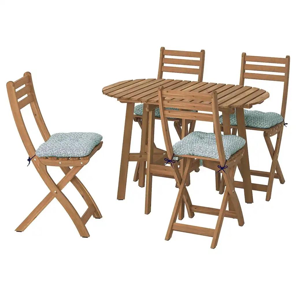 Askholmen Table pliante + 4 chaises, ext, pliable brun foncé/klösan bleu