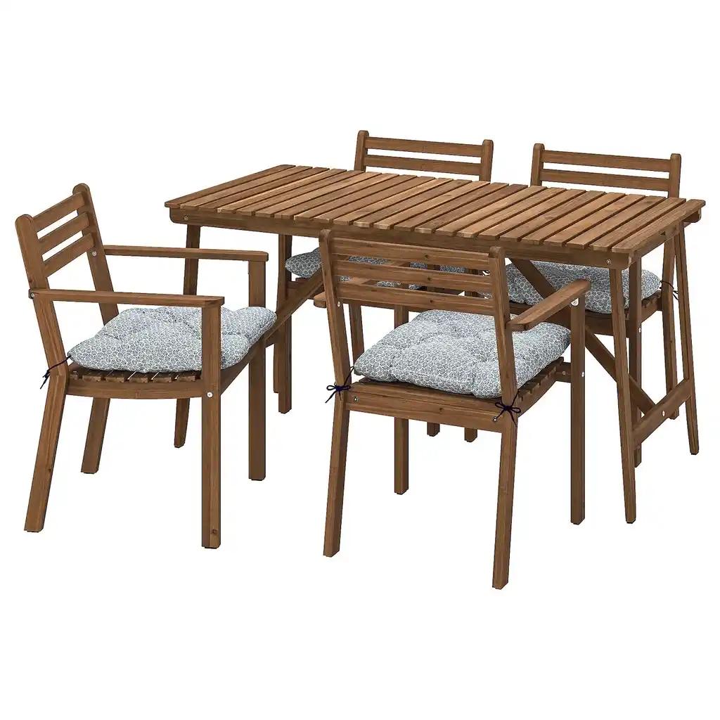Askholmen Table+4 chaises accoud, extérieur, brun foncé/klösan bleu, 143x75 cm