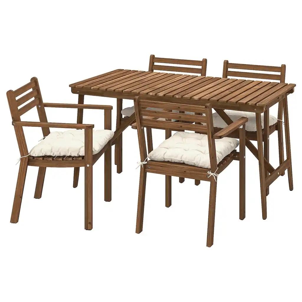 Askholmen Table+4 chaises accoud, extérieur, brun foncé/kuddarna beige, 143x75 cm