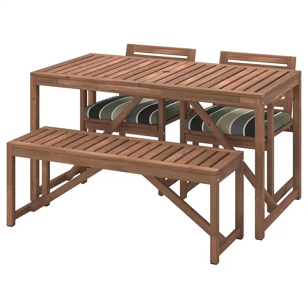 NÄmmarÖ Table+2 chaises+banc, ext, teinté brun clair/frösön/duvholmen motif rayé