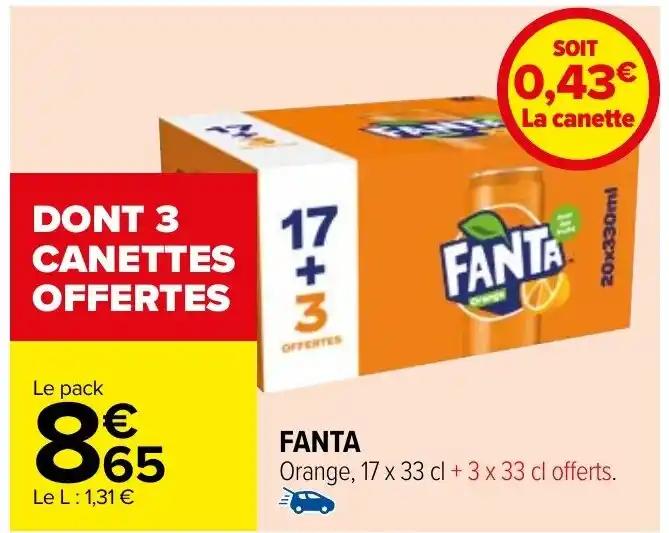 FANTA Orange, 17 x 33 cl + 3 x 33 cl offerts.