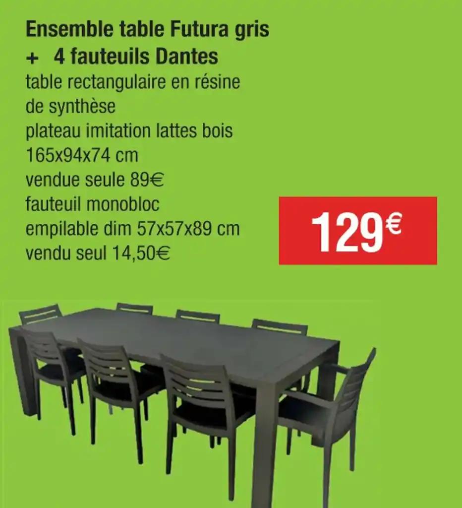 Ensemble table Futura gris + 4 fauteuils Dantes table rectangulaire en résine de synthèse