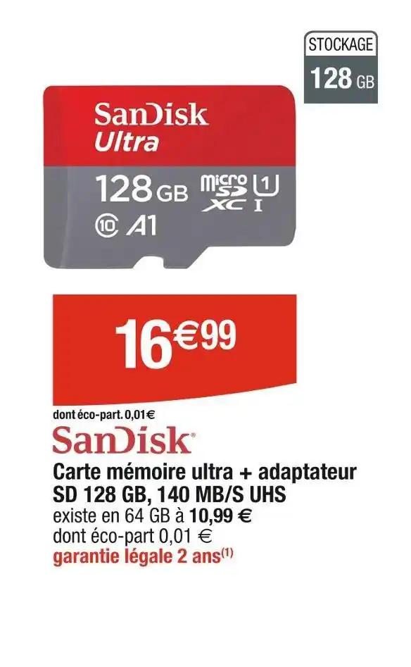SanDisk Carte mémoire ultra + adaptateur SD 128 GB, 140 MB/S UHS