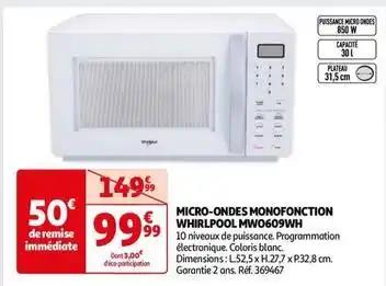 Whirlpool - micro-ondes monofonction mw0609wh