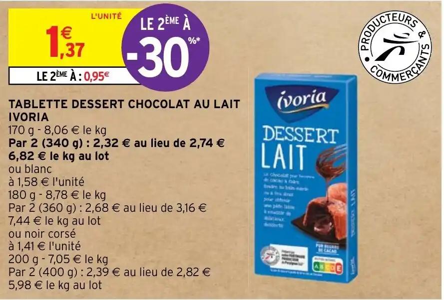 TABLETTE DESSERT CHOCOLAT AU LAIT IVORIA