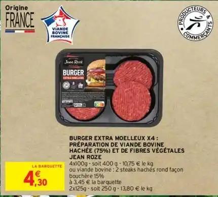 Jean roze - burger extra moelleux x4 préparation de viande bovine hachée (75%) et de fibres végétales
