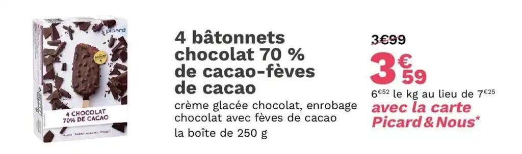 4 bâtonnets chocolat 70 % de cacao-fèves de cacao