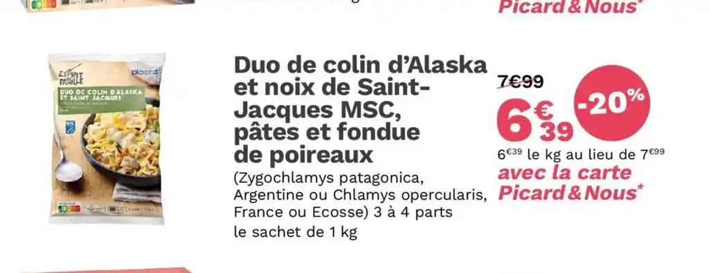 Duo de colin d'Alaska et noix de Saint- Jacques MSC, pâtes et fondue de poireaux