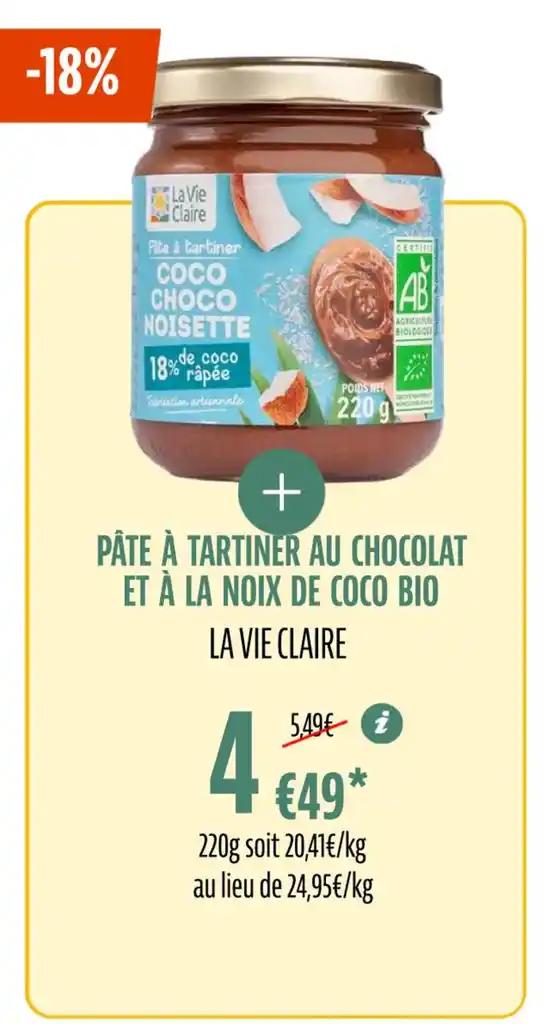PÂTE À TARTINER AU CHOCOLAT ET À LA NOIX DE COCO BIO LA VIE CLAIRE