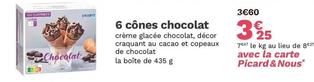 6 cônes chocolat crème glacée chocolat, décor craquant au cacao et copeaux de chocolat