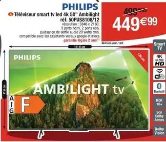 Philips - téléviseur smart tv led 4k 50 ambilight 50pus8108/12