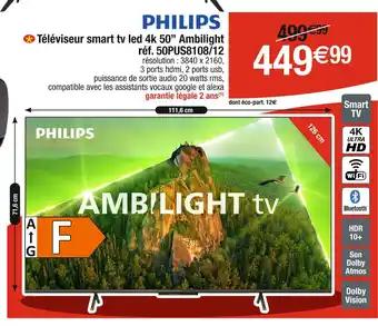 PHILIPS Téléviseur smart tv led 4k 50’’ Ambilight réf. 50PUS8108/12