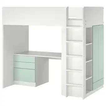 SmÅstad Lit mezzanine, blanc vert clair/avec bureau avec 4 tiroirs, 90x200 cm