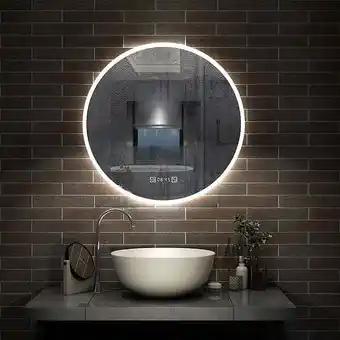 Horloge LED rond anti-buée miroir de salle de bain tricolore tactile 70x70cm