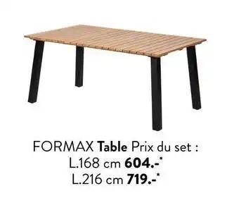 Formax - table prix du set