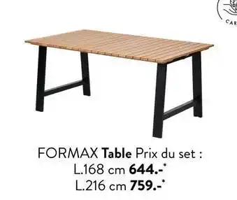 Formax - table prix du set