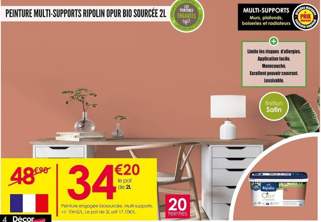 Ripolin Peinture engagée biosourcée. Multi-supports. +/- 10m2/L. Le pot de 2L soit 17,10€/L