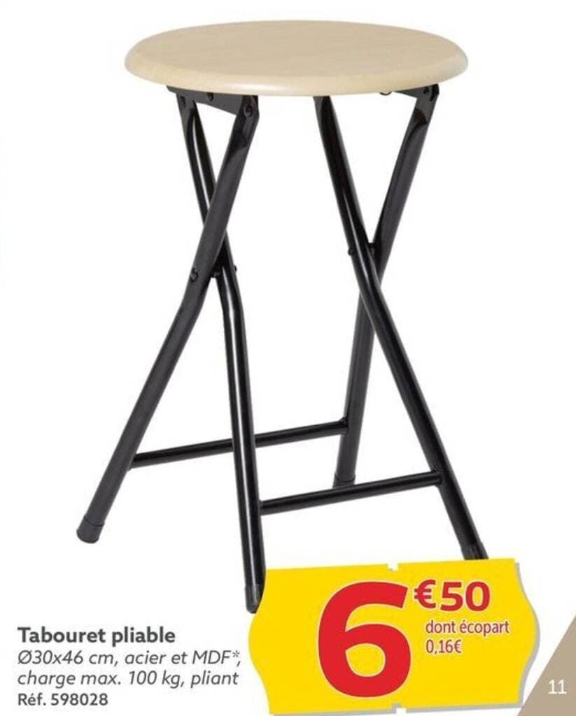 Tabouret pliable Ø30x46 cm, acier et MDF* charge max. 100 kg, pliant Réf. 598028