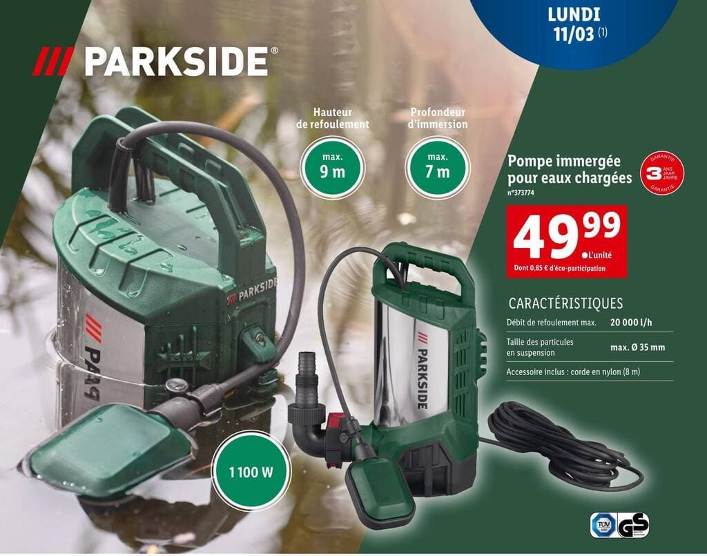 PARKSIDE Pompe immergée pour eaux chargées