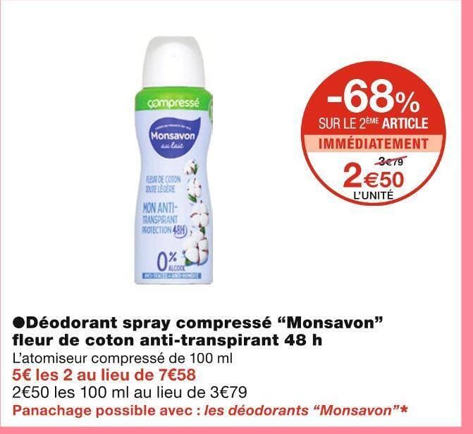 Monsavon ●Déodorant spray compressé fleur de coton anti-transpirant 48 h