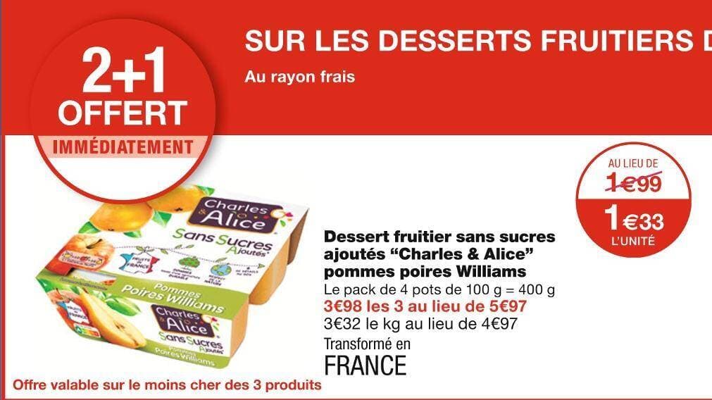 Charles & Alice Dessert fruitier sans sucres ajoutés pommes poires Williams