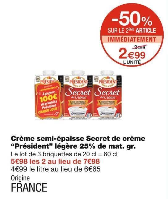 Président Crème semi-épaisse Secret de crème légère 25% de mat. gr