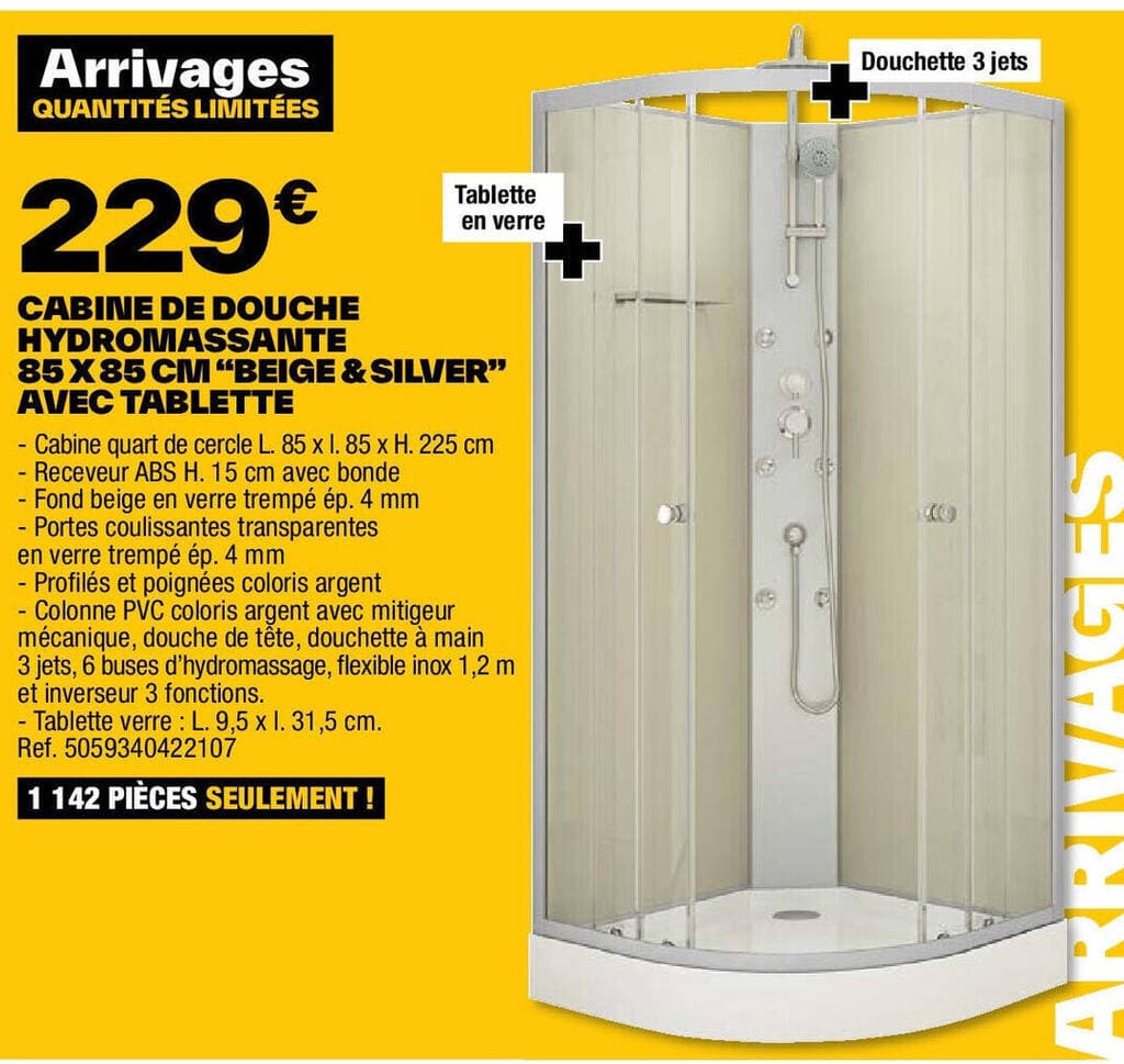 CABINE DE DOUCHE HYDROMASSANTE 85X85 CM "BEIGE & SILVER" AVEC TABLETTE