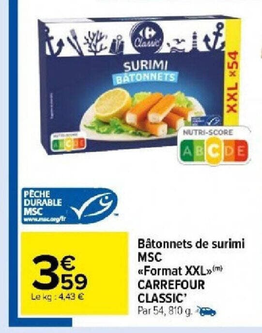Bâtonnets de surimi MSC <<Format XXLx(m) CARREFOUR CLASSIC Par 54, 810 g.