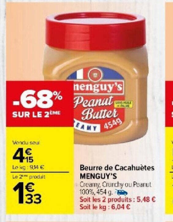 Beurre de Cacahuètes MENGUY'S Creamy, Crunchy ou Peanut 100%, 454 g.