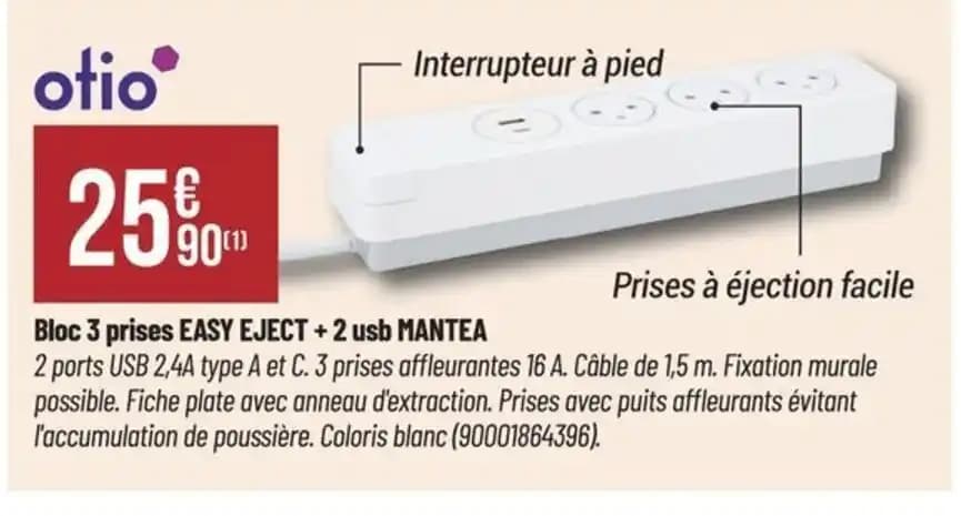 Bloc 3 prises EASY EJECT + 2 usb MANTEA
