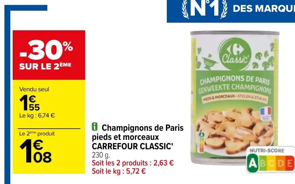 Champignons de Paris pieds et morceaux CARREFOUR CLASSIC' 230 g.
