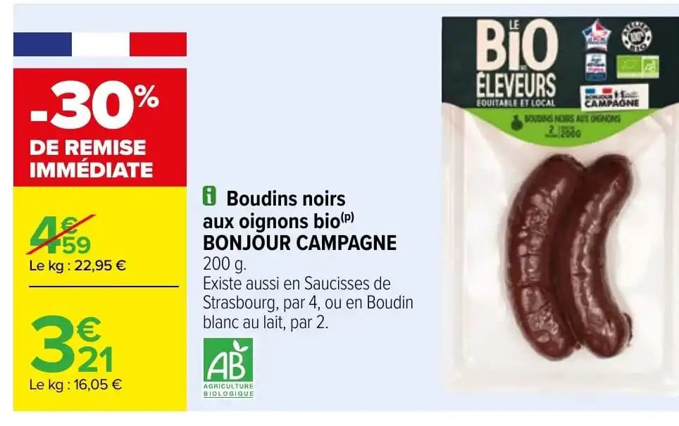 Boudins noirs aux oignons bio(P) BONJOUR CAMPAGNE 200 g.