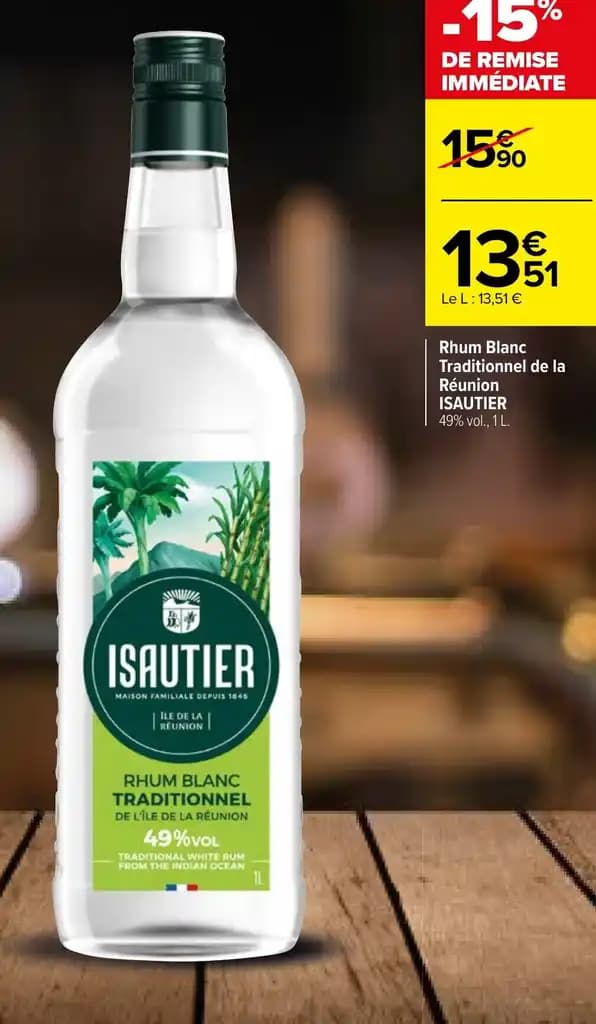 Rhum Blanc Traditionnel de la Réunion ISAUTIER 49% vol., 1 L.