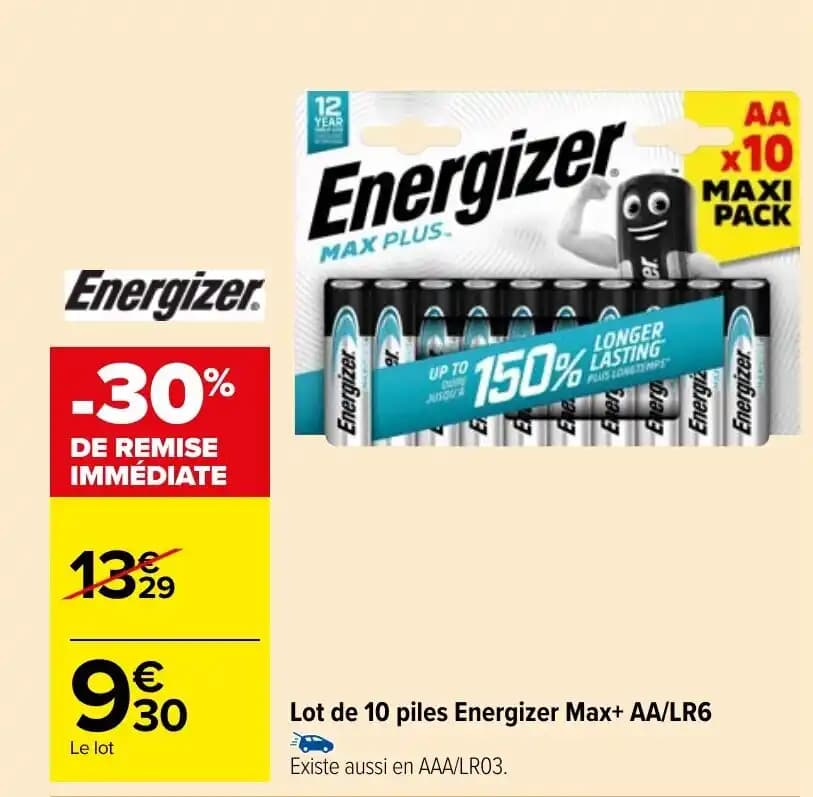Lot de 10 piles Energizer Max+ AA/LR6