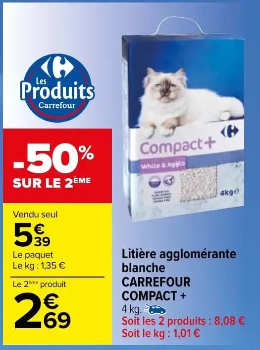 Litière agglomérante blanche CARREFOUR COMPACT + 4 kg.