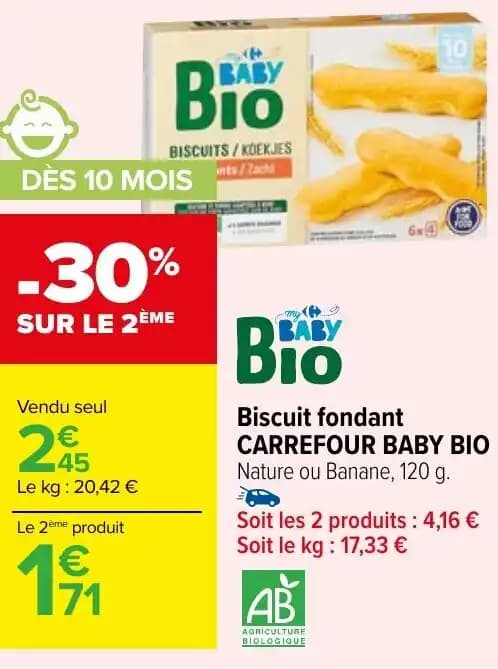 Biscuit fondant CARREFOUR BABY BIO Nature ou Banane, 120 g.
