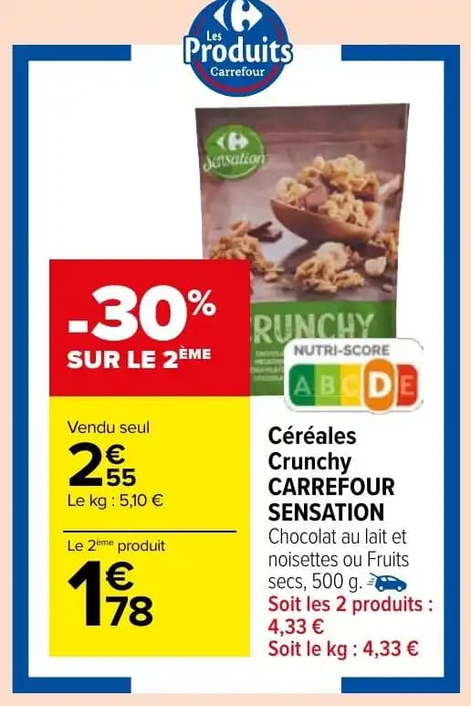 Céréales Crunchy CARREFOUR SENSATION Chocolat au lait et noisettes ou Fruits secs, 500 g.