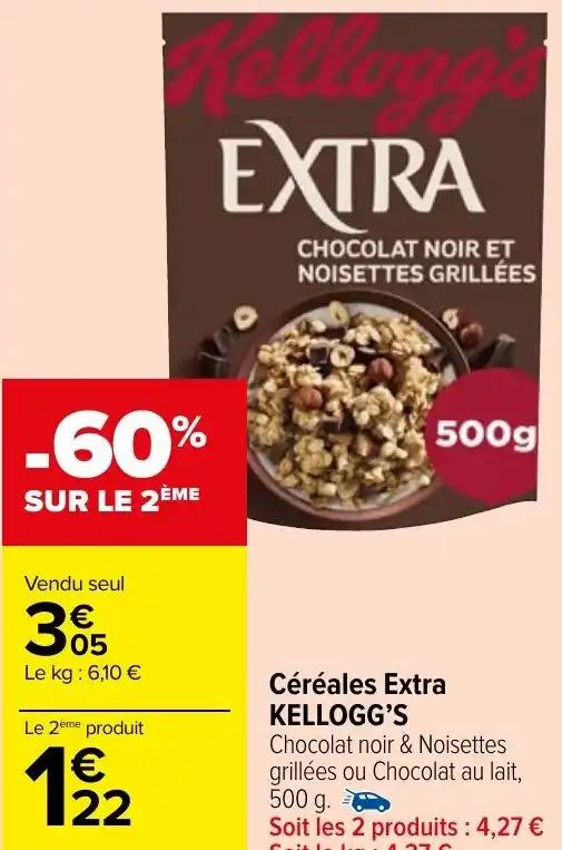 Céréales Extra KELLOGG'S Chocolat noir & Noisettes grillées ou Chocolat au lait, 500 g.