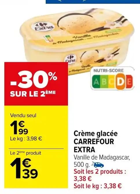 Crème glacée CARREFOUR EXTRA Vanille de Madagascar, 500 g.