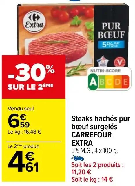Steaks hachés pur bœuf surgelés CARREFOUR EXTRA