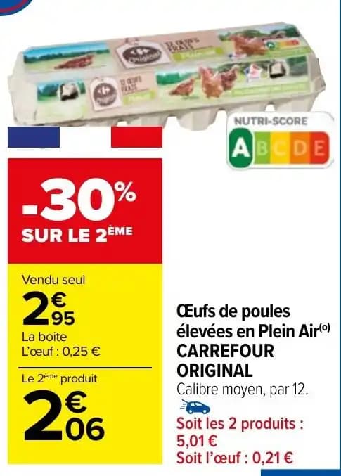 Œufs de poules élevées en Plein Air(⁰) CARREFOUR ORIGINAL Calibre moyen, par 12.