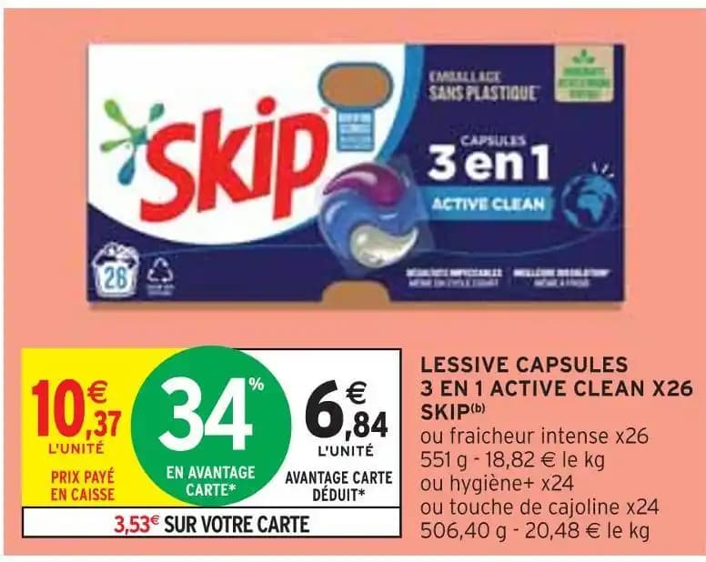 SKIP LESSIVE CAPSULES 3 EN 1 ACTIVE CLEAN X26