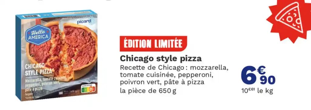 Chicago style pizza Recette de Chicago: mozzarella, tomate cuisinée, pepperoni, poivron vert, pâte à pizza la pièce de 650 g