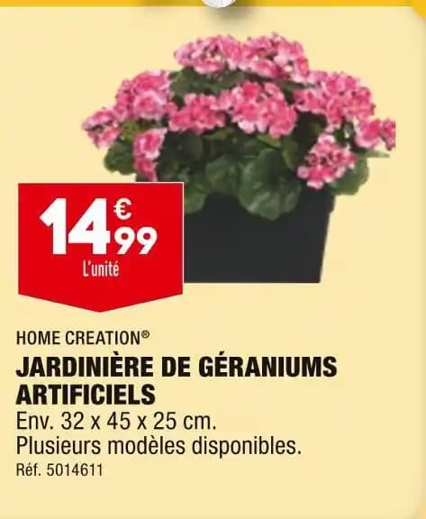 HOME CREATION JARDINIÈRE DE GÉRANIUMS ARTIFICIELS