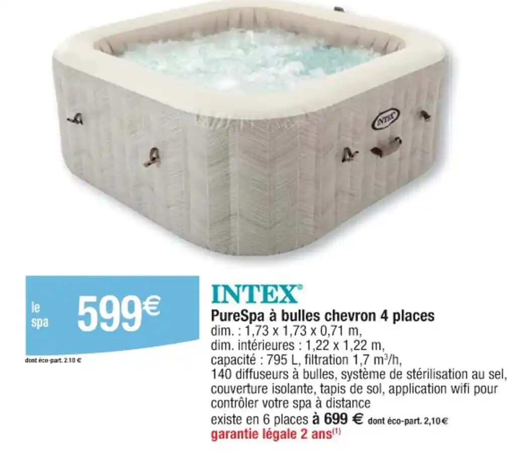 PureSpa à bulles chevron 4 places dim.: 1,73 x 1,73 x 0,71 m,